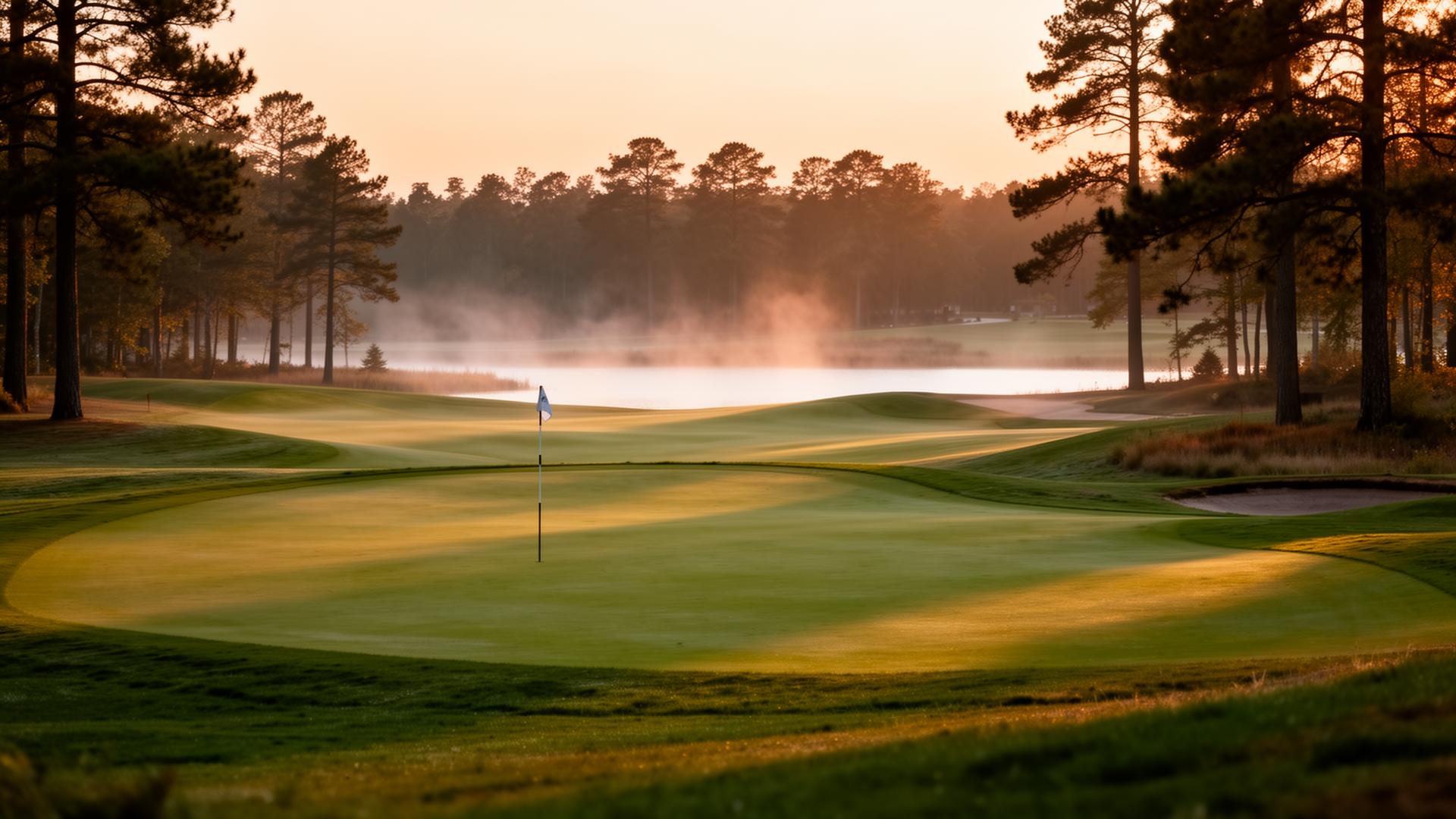 A misty fairway at golden hour, flag pin standing on the green